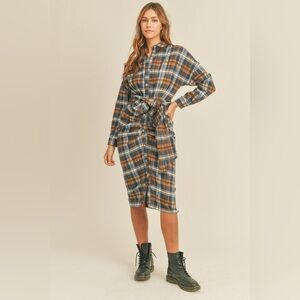 Mable Plaid Flannel Front Tie Button Down Shirt Dress